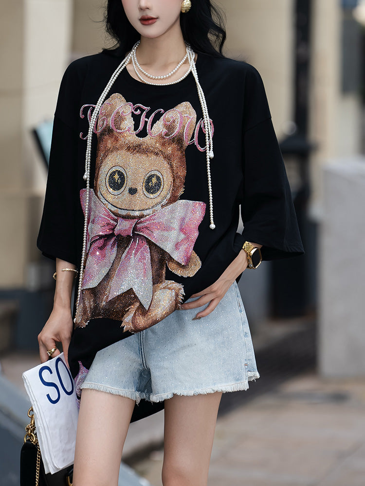 TCH LABUBU Rhinestone Bow Oversized T-shirt