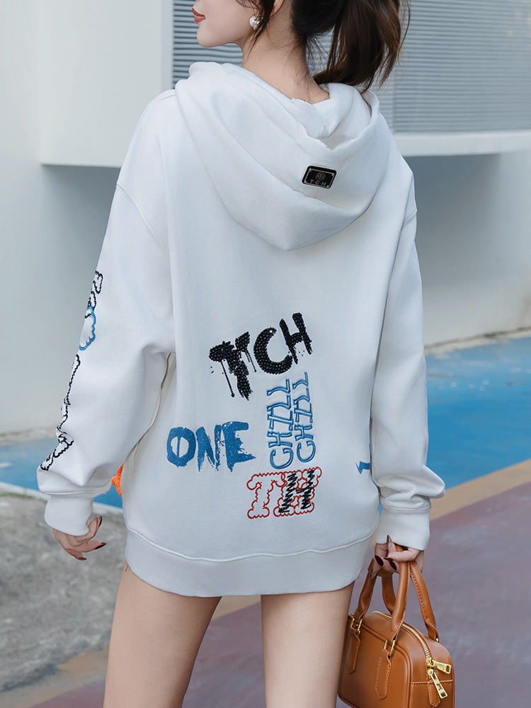TCH Rhinestone Graffiti Hoodie Sweatshirt in White