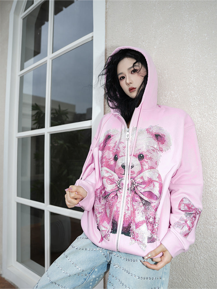 TCH Rhinestone Bear Hoodie Jacket with Bow Detail