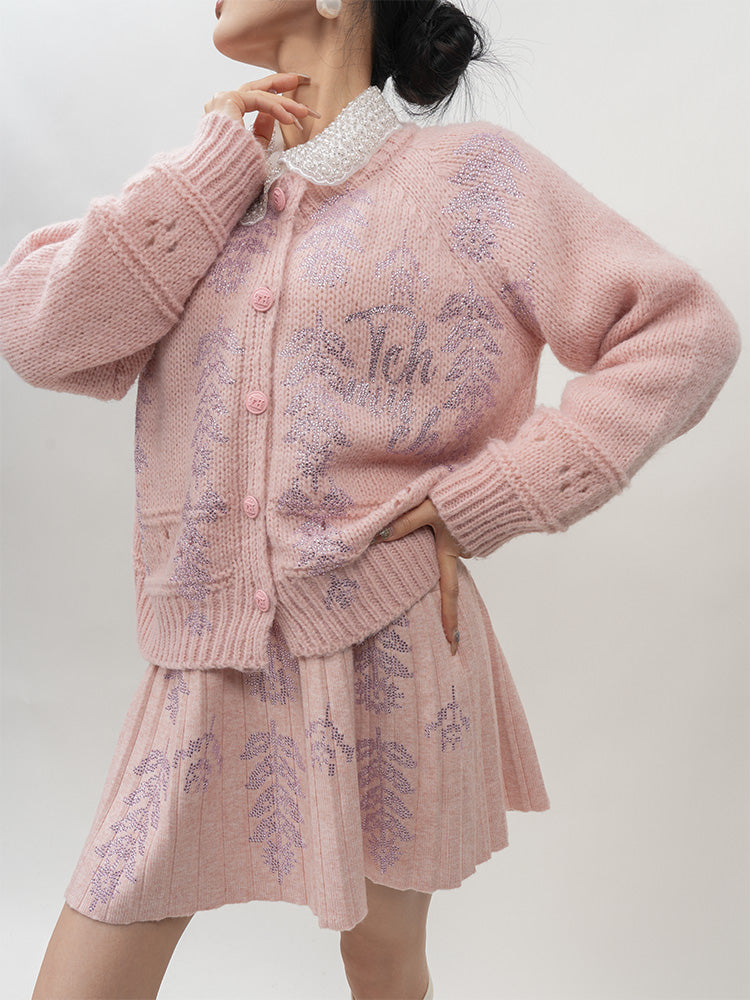 TCH knitted Graphic Rhinestone Pleated Mini Skirt