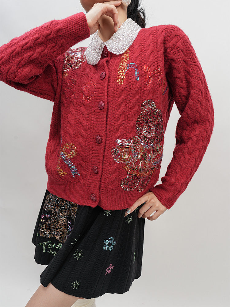 TCH Rhinestone Teddy Long Sleeve Knit Cardigan