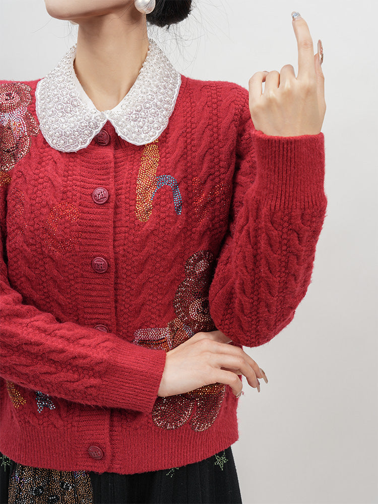 TCH Rhinestone Teddy Long Sleeve Knit Cardigan