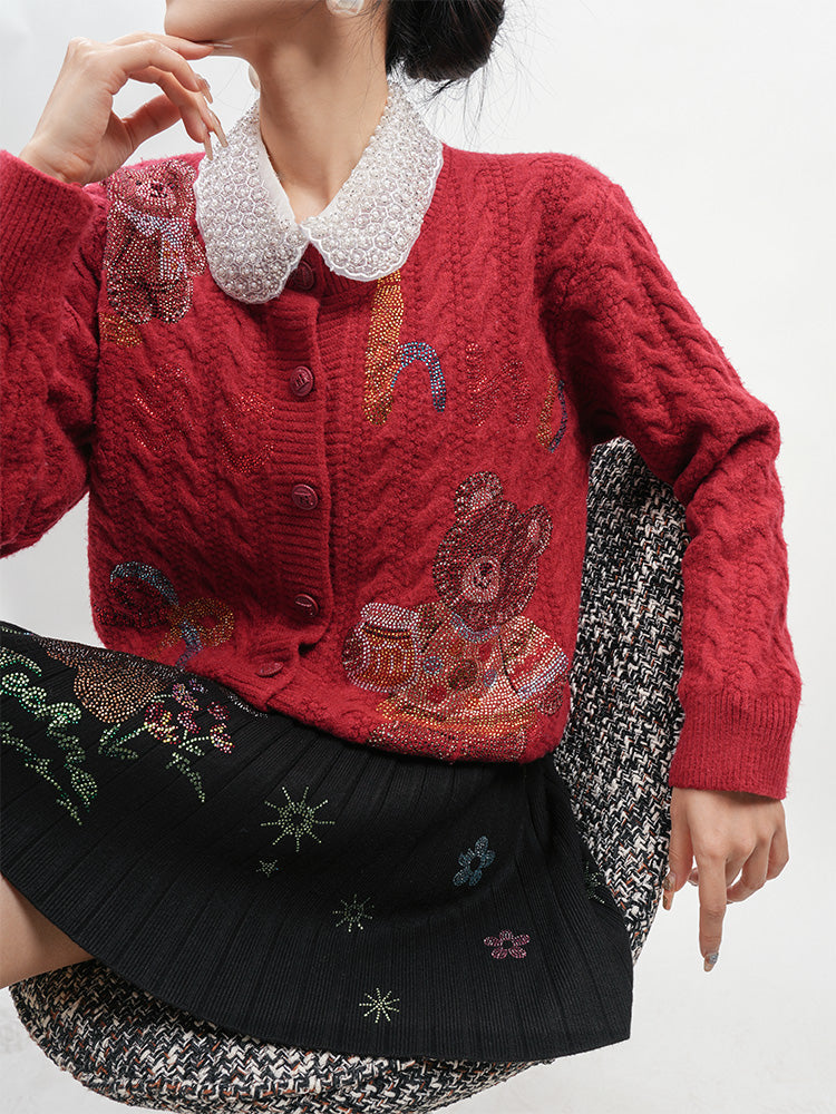 TCH Rhinestone Teddy Long Sleeve Knit Cardigan