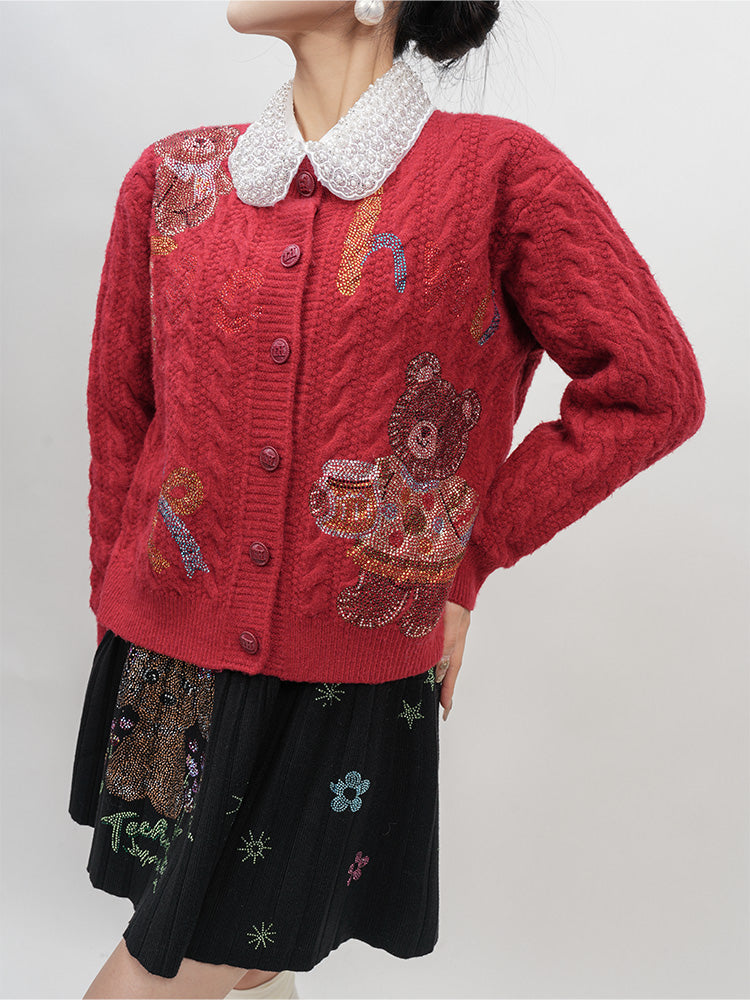 TCH Rhinestone Teddy Long Sleeve Knit Cardigan