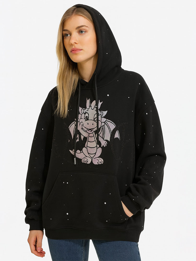 TCH Rhinestone Baby Dragon Print Black Hoodie