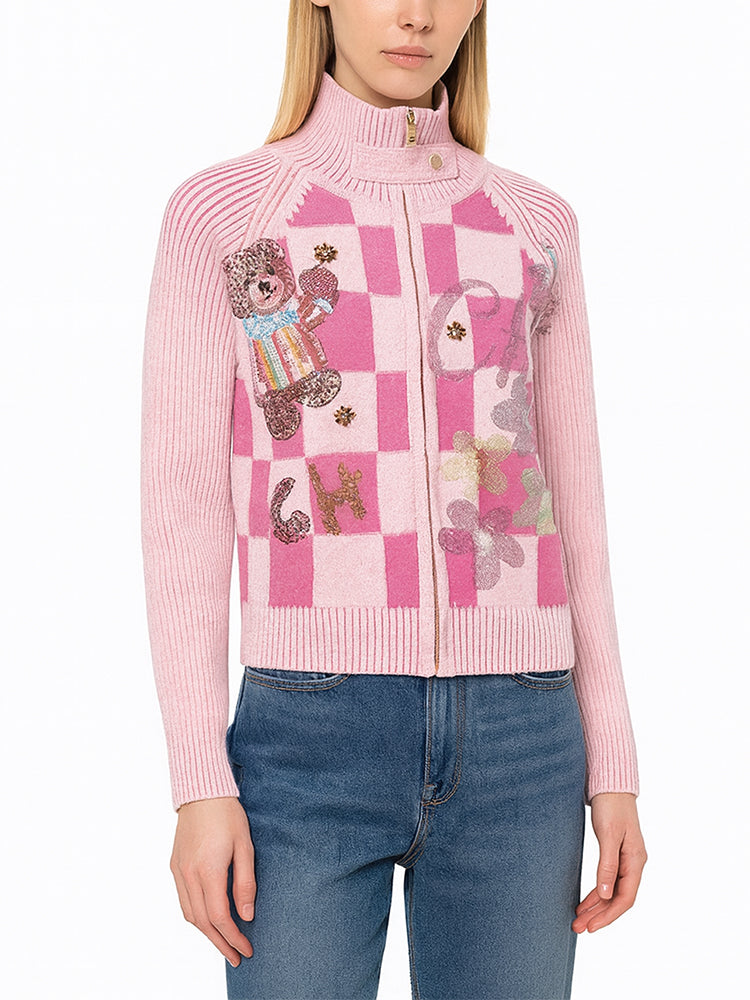 TCH Plaid Rhinestone Graphic Zip-Up Knit Cardigan
