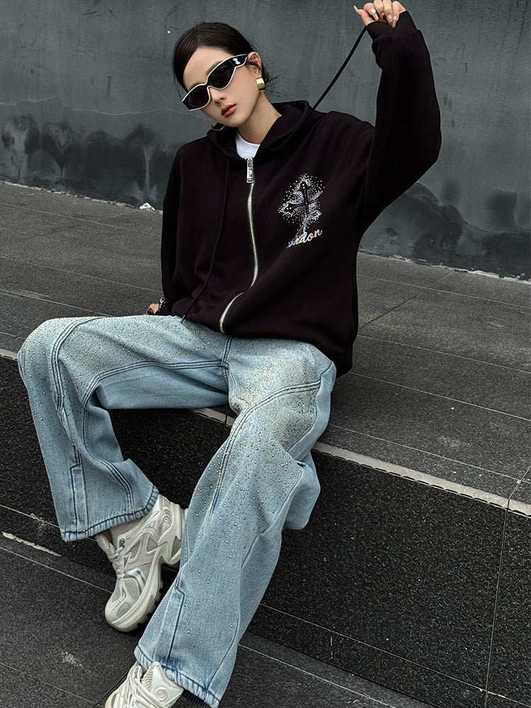 TCH Rhinestone Galaxy High Waits Wide Leg Jeans