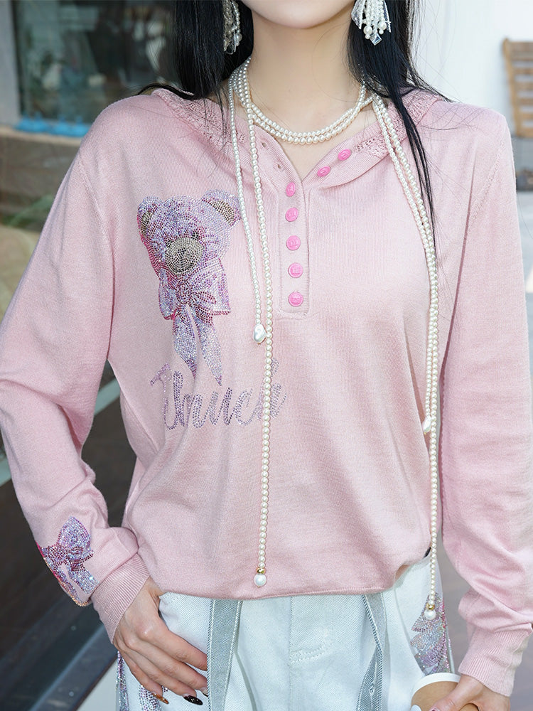 TCH Bear Rhinestone Graphic Hoodie Top