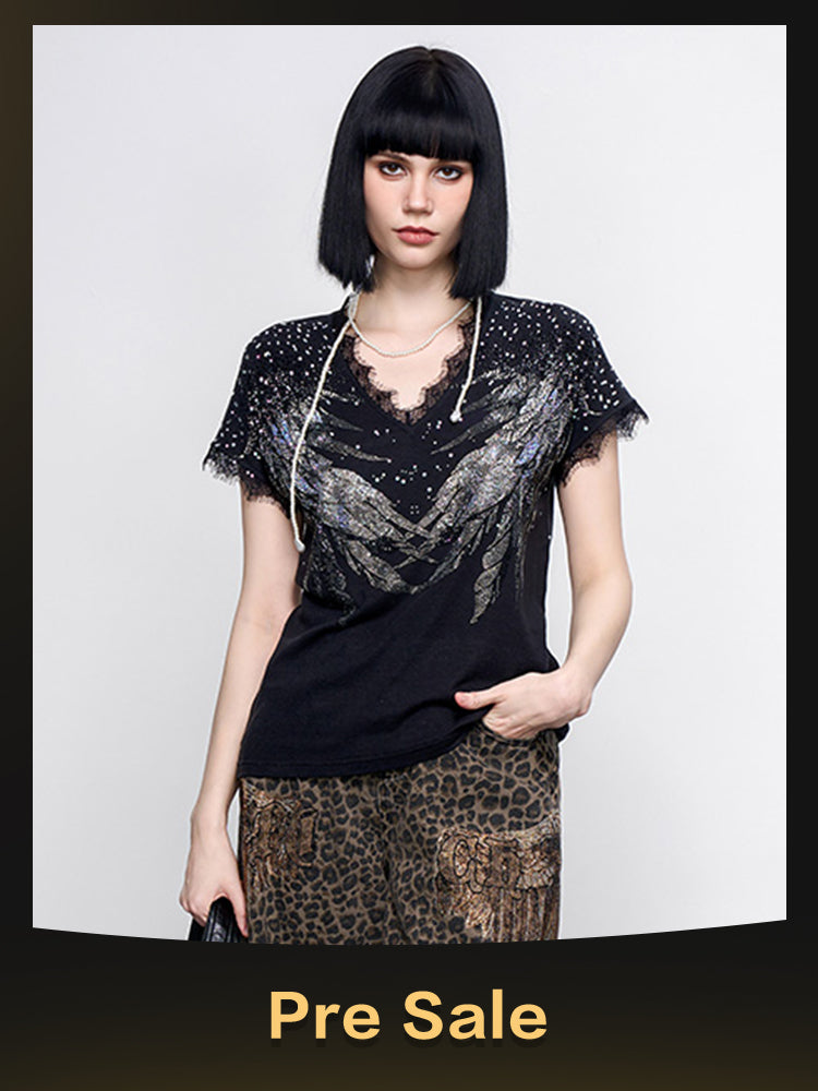 TCH Prasale Crystal-Embroidered Lace Contrast Sexy Tee