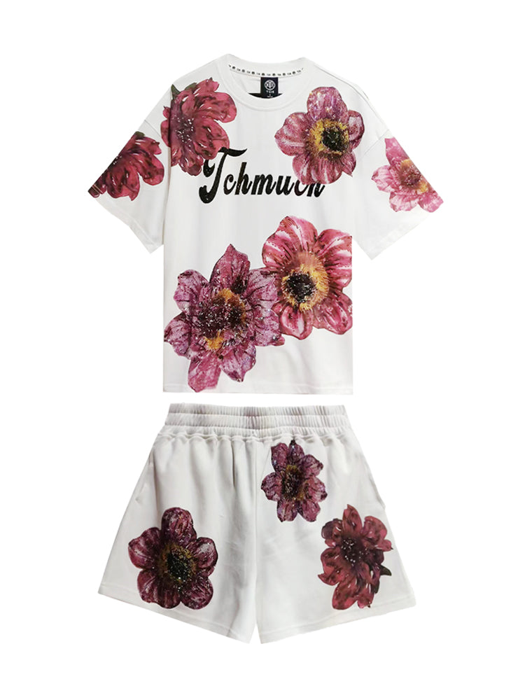 TCH Rhinestone Flower Print Sparkle 2Pcs Shorts Set