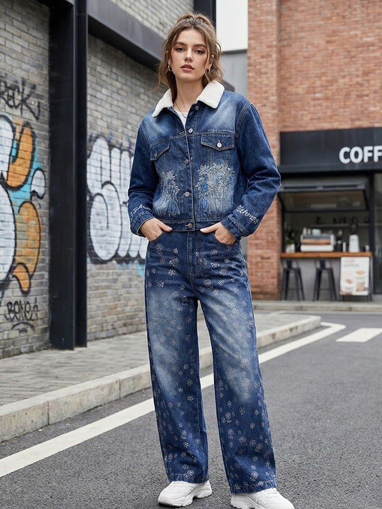 TCH Rhinestone Shearling Collar Denim Two-Piece Set