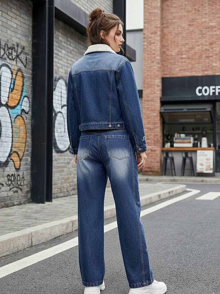 TCH Rhinestone Shearling Collar Denim Two-Piece Set