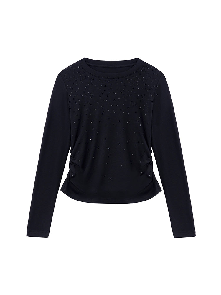 TCH Round Neck Rhinestone Ruched Blouse Top