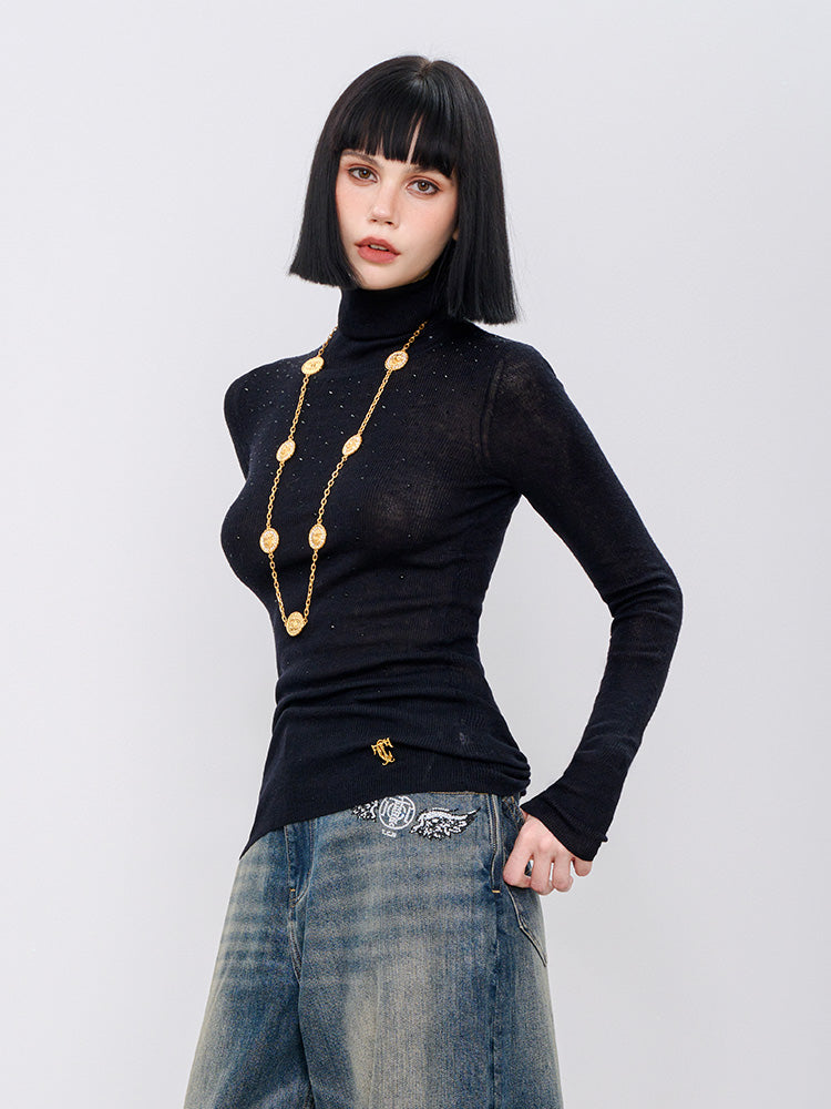 TCH Crystal Turtleneck Ribbed Slim Fit Top