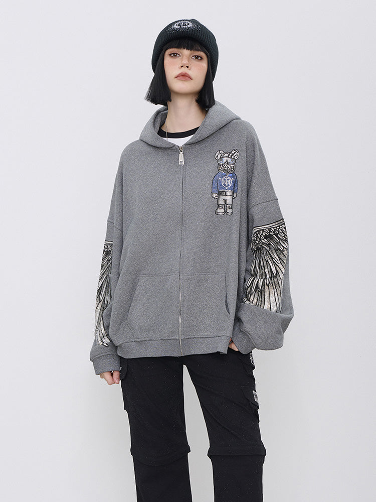 TCH Luxury Rhinestone Wings Sleeve Hoodie Jacket with Pocket