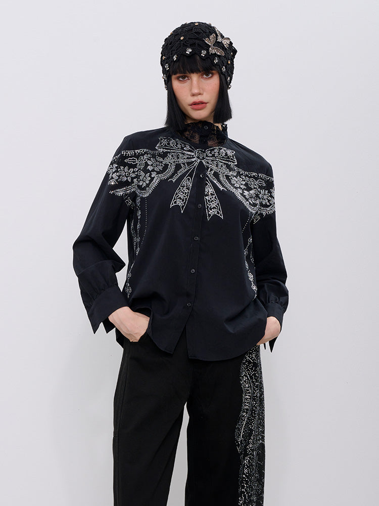 TCH Rhinestone Bow Print Lace Essential Shirts with Black