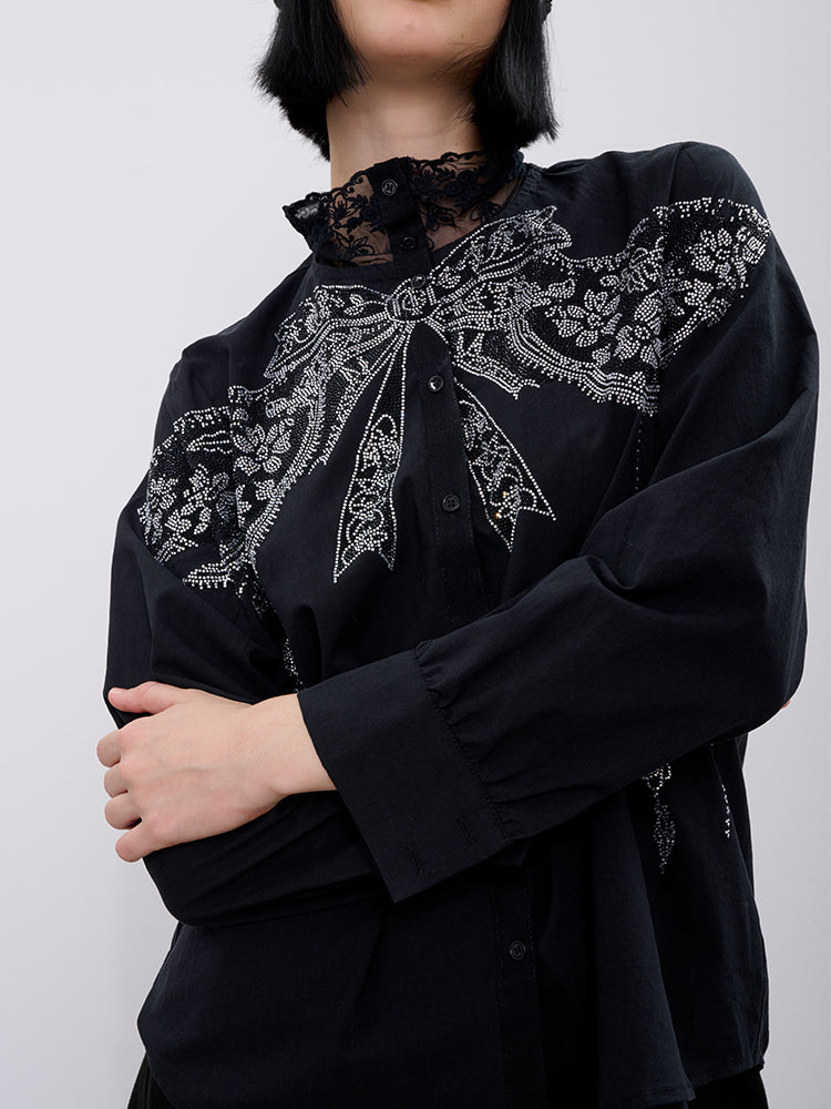TCH Rhinestone Bow Print Lace Essential Shirts with Black