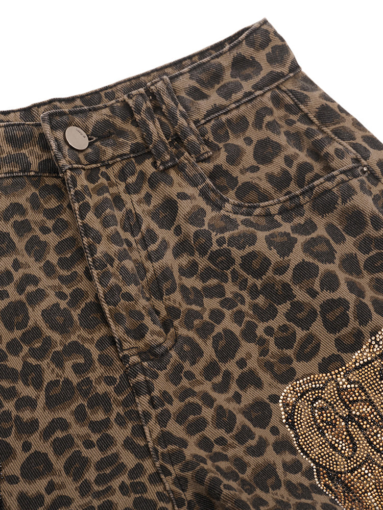 TCH Leopard Print Rhinestone Wings Pants for Spring