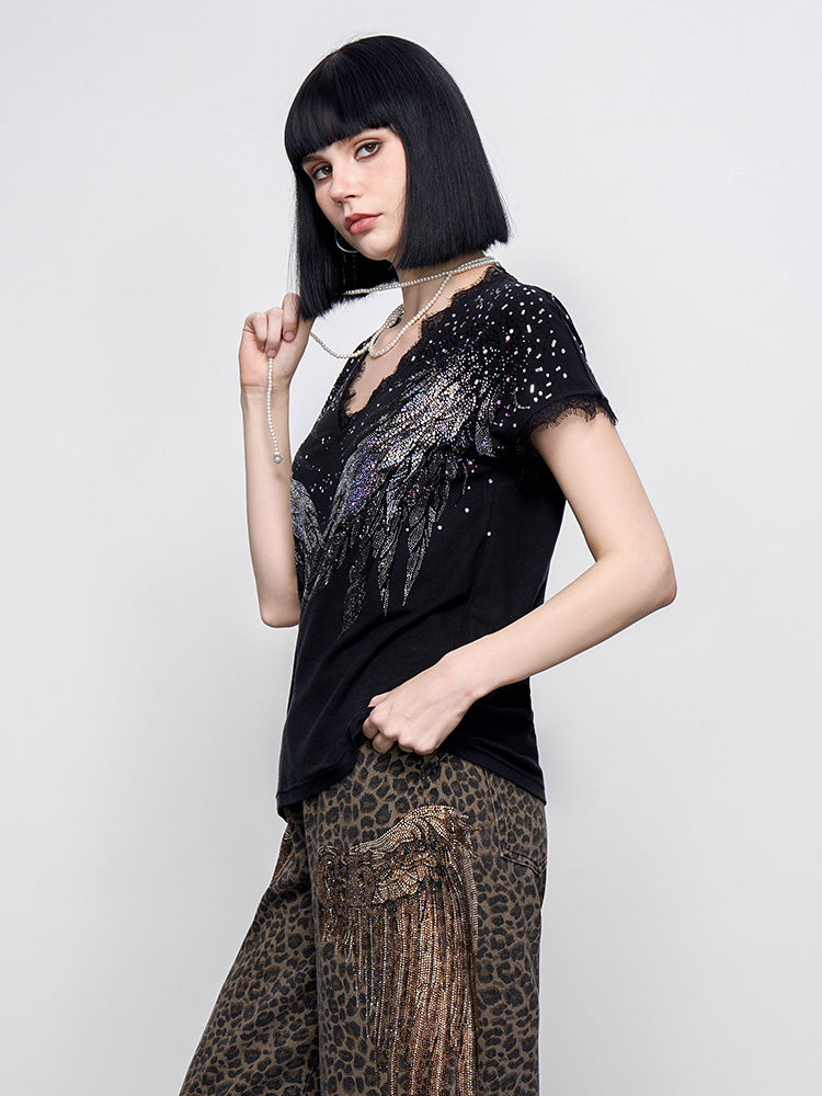 TCH Prasale Crystal-Embroidered Lace Contrast Sexy Tee
