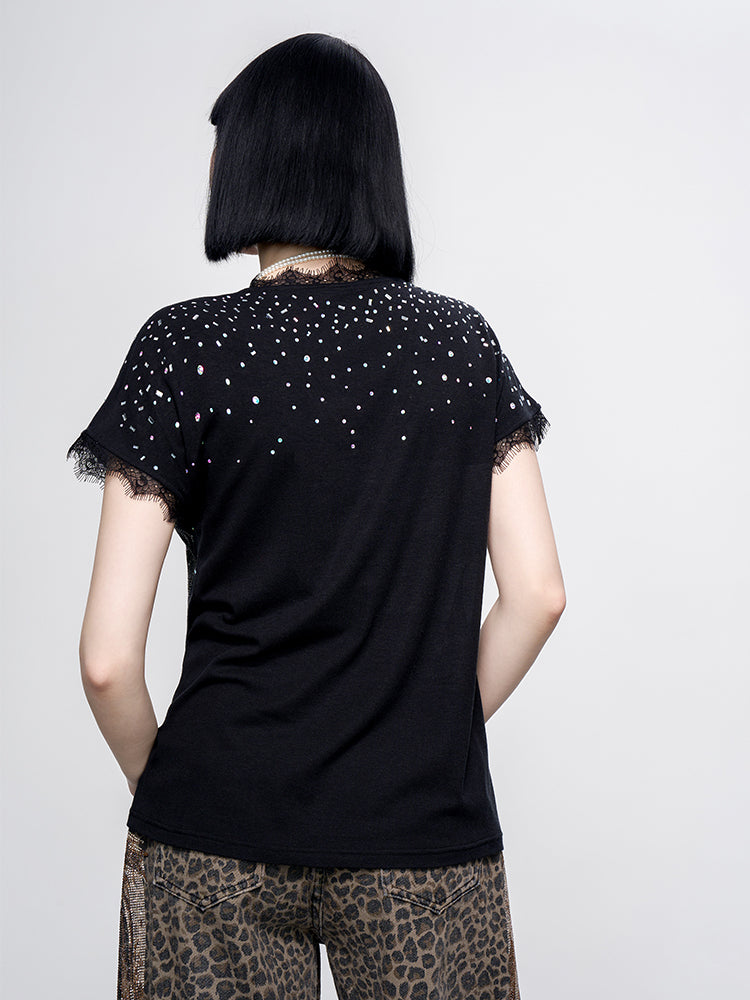 TCH Prasale Crystal-Embroidered Lace Contrast Sexy Tee