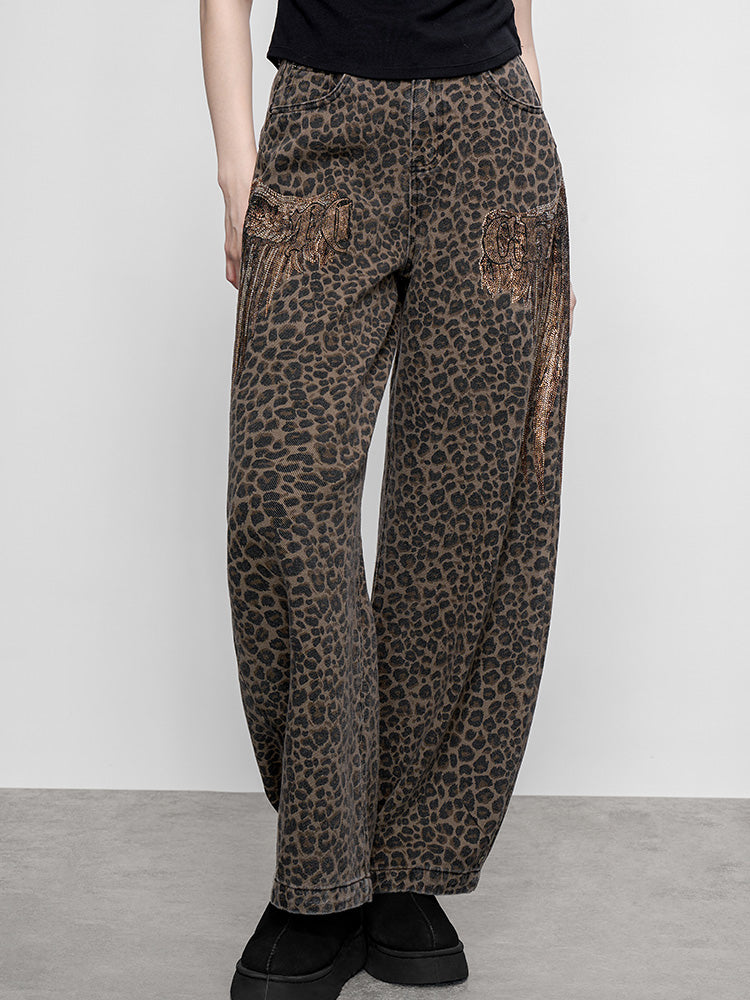 TCH Rhinestone Leopard Print Wide Leg Pants for Fall/Winter