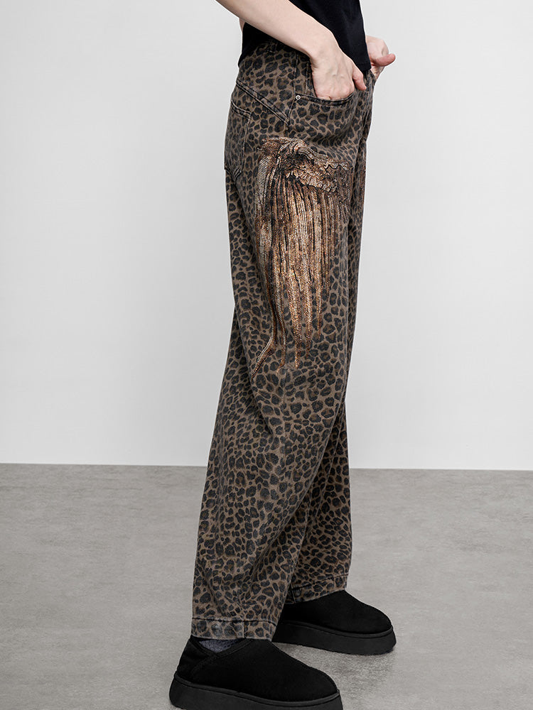 TCH Rhinestone Leopard Print Wide Leg Pants for Fall/Winter