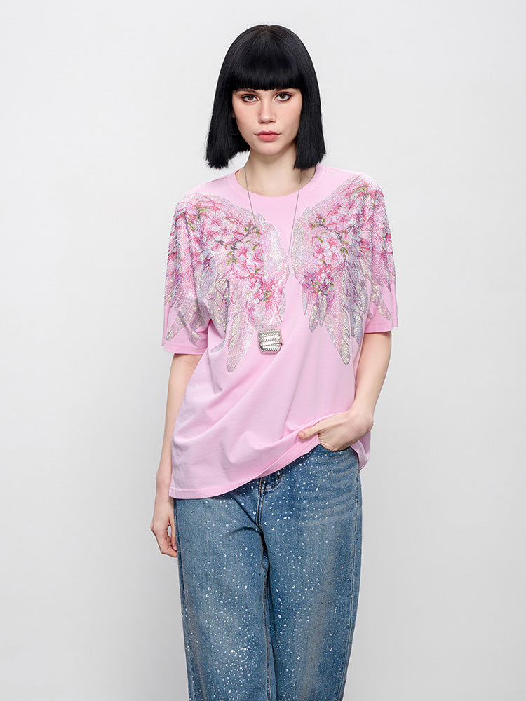 TCH Pink Rhinestone Winged Flowers Sweatshirt/Short Sleeve Tee