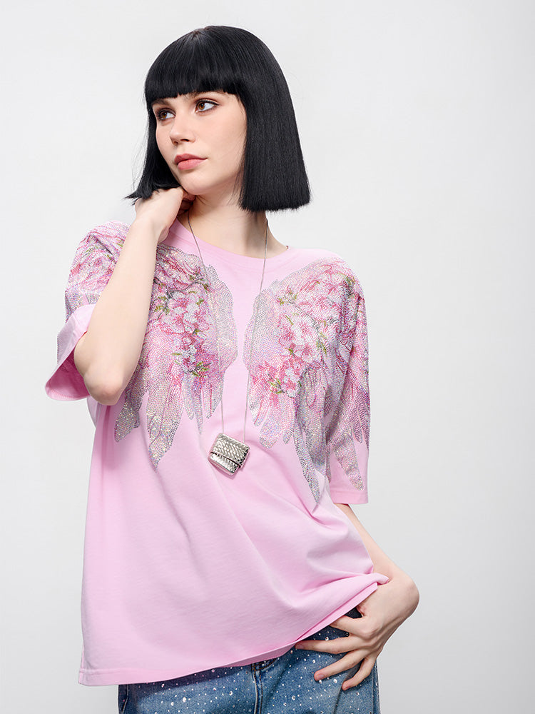 TCH Pink Rhinestone Winged Flowers Sweatshirt/Short Sleeve Tee