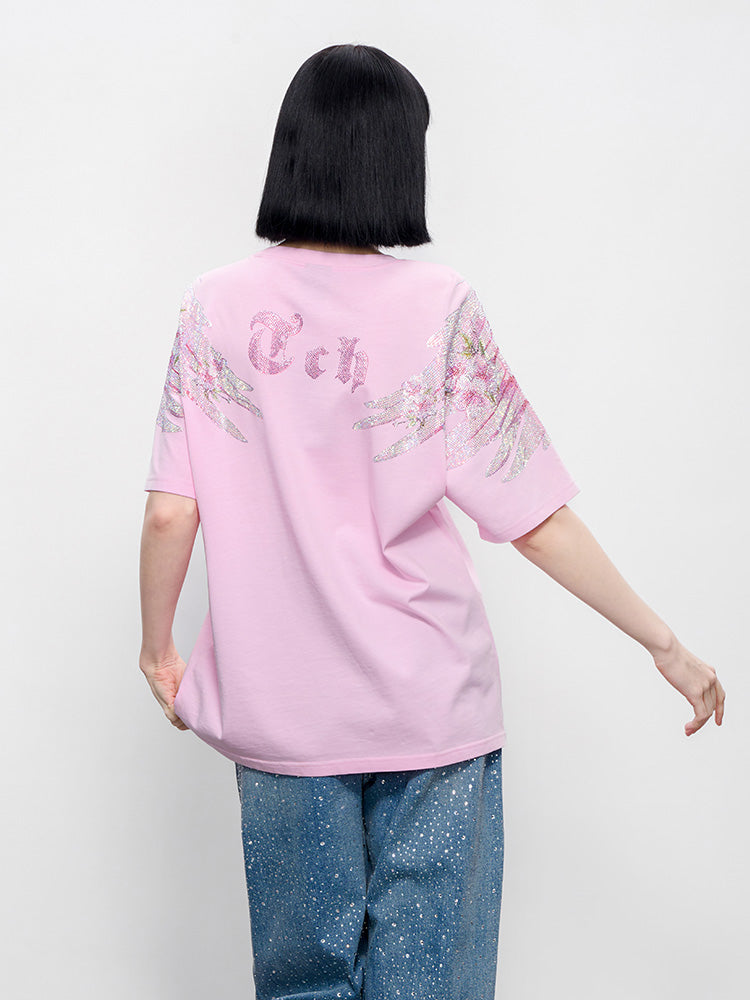 TCH Pink Rhinestone Winged Flowers Sweatshirt/Short Sleeve Tee