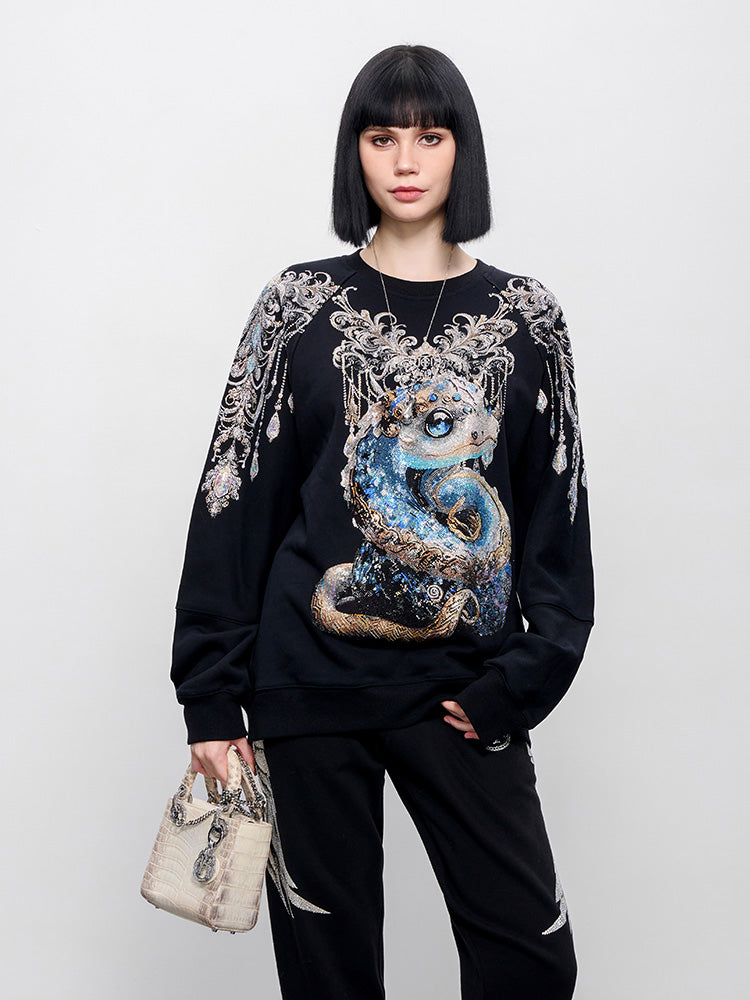 TCH Retro Rhinestone Snake&Wings Shiny Hoodie