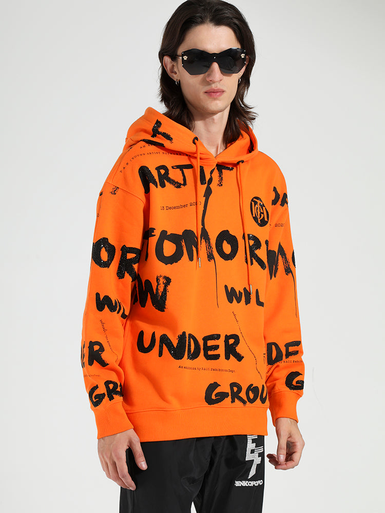 TCH Rhinestone Letter Print Oversized Hoodie in Orange