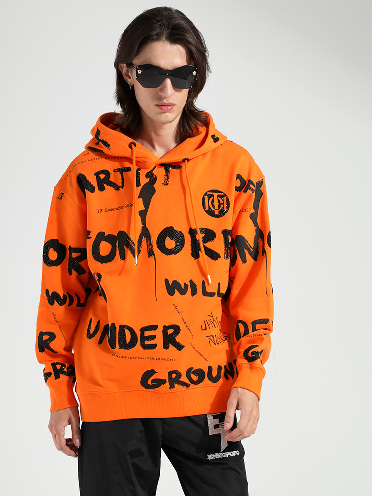 TCH Rhinestone Letter Print Oversized Hoodie in Orange