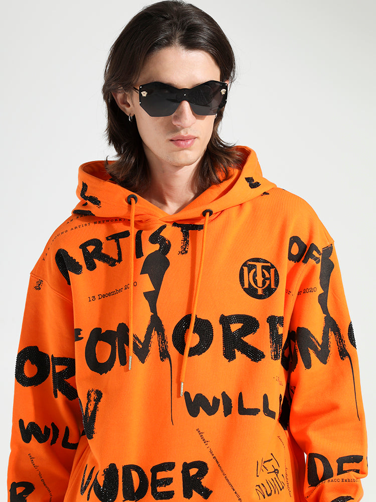 TCH Rhinestone Letter Print Oversized Hoodie in Orange