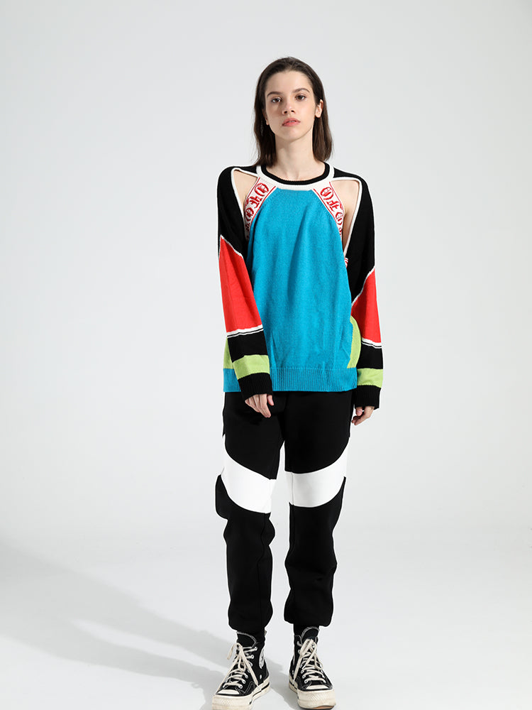 TCH Off-the-Shoulder Color Block Rhinestone Knitted Sweater