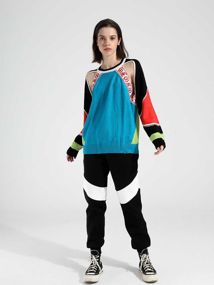 TCH Off-the-Shoulder Color Block Rhinestone Knitted Sweater