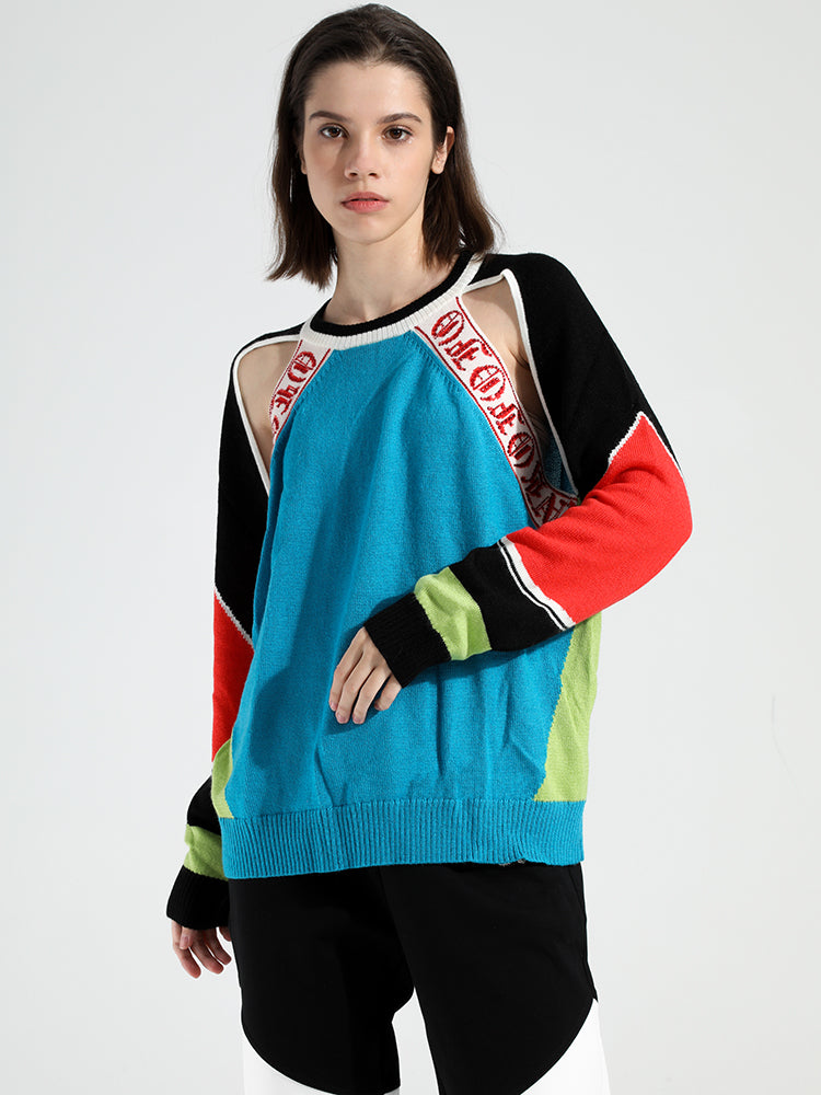 TCH Off-the-Shoulder Color Block Rhinestone Knitted Sweater