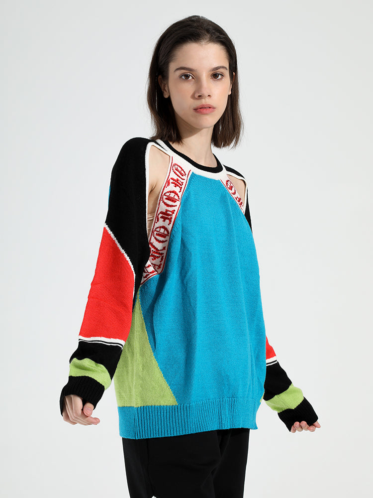 TCH Off-the-Shoulder Color Block Rhinestone Knitted Sweater
