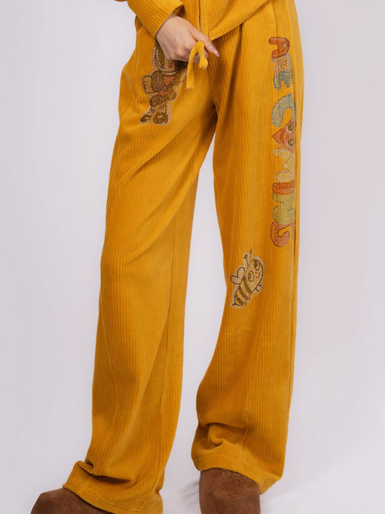 TCH Graphic Rhinestone Velvet 2 Piece Outfits Yellow