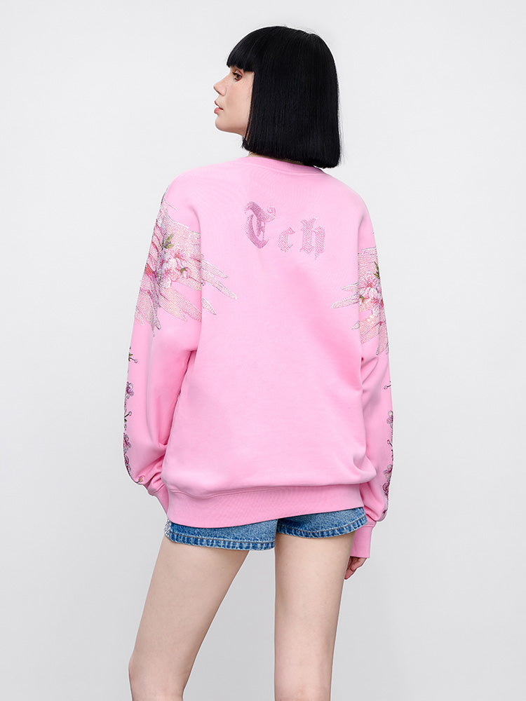 TCH Pink Rhinestone Winged Flowers Sweatshirt/Short Sleeve Tee