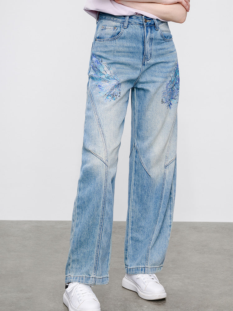 TCH Presale Wings Graphic Rhinestone  Workwear Jeans
