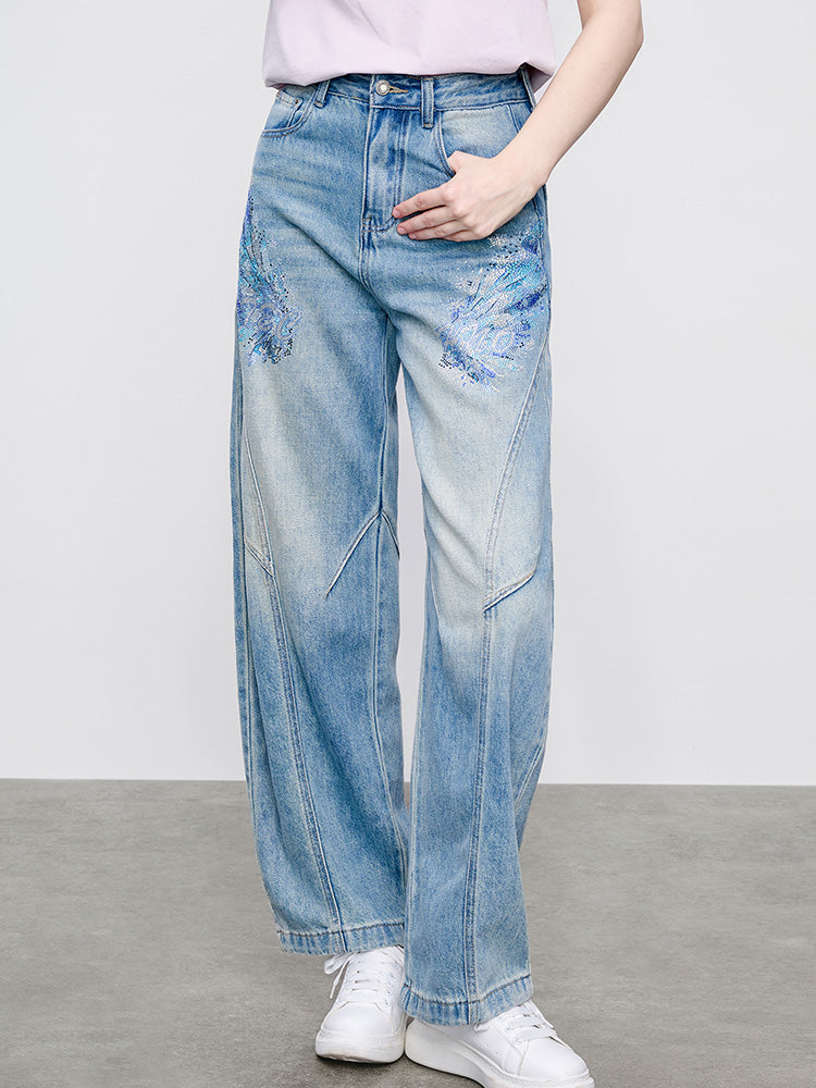TCH Presale Wings Graphic Rhinestone  Workwear Jeans