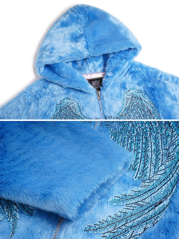 TCH  Graphic Angel Wings Rhinestone Faux Fleece Coat