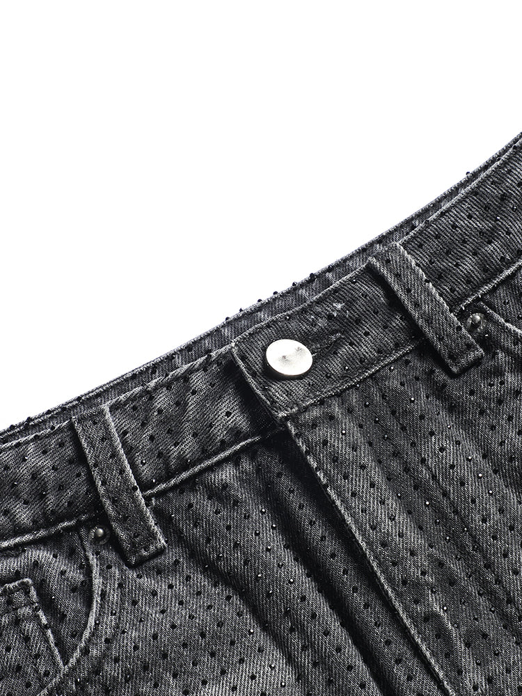 TCH Black Rhinestone High Waisted Denim Mini Skirt