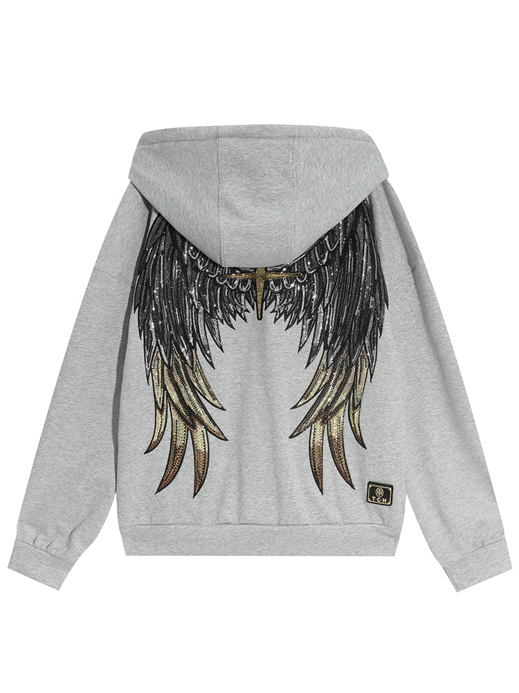 TCH Unisex Wing Rhinestones Zipper Casual Hoodie
