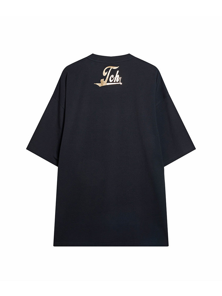 TCH Gold Letter Print Rhinestone Black T-shirt