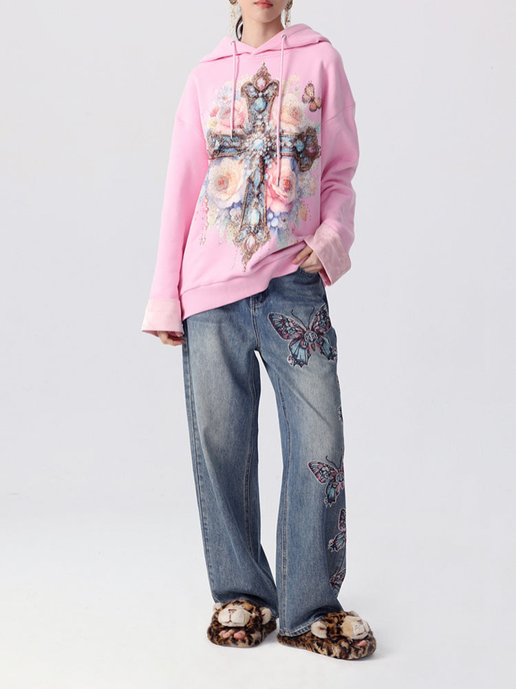 TCH Crystal Embroidered Butterfly Wide Leg Jeans