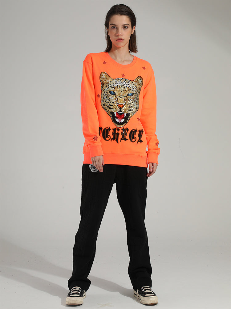 TCH Women's Leopard Star Rhinestone Crewneck Sweatshirt