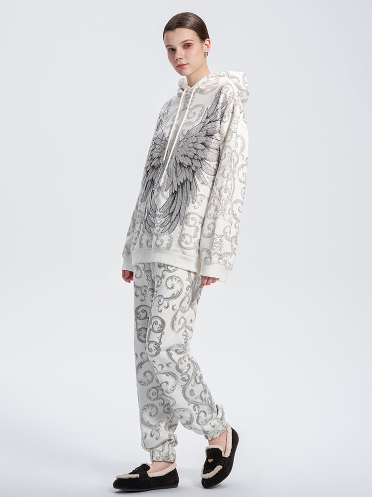 TCH Luxury 2 Pieces Allover Rhinestone Hoodie and Elastic Waist Pants