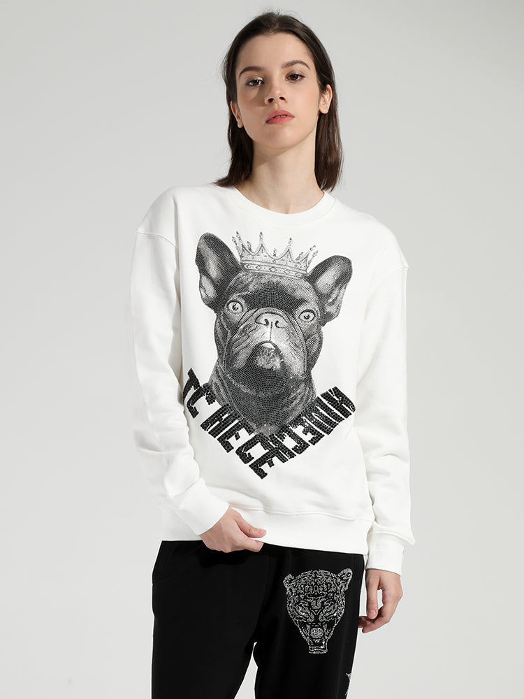 TCH Women's Rhinestone Dog White Sweatshirt