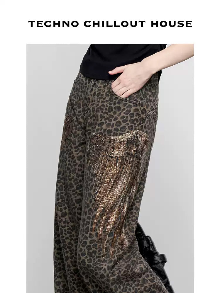 TCH Rhinestone Leopard Print High Waist Wide Leg Jeans